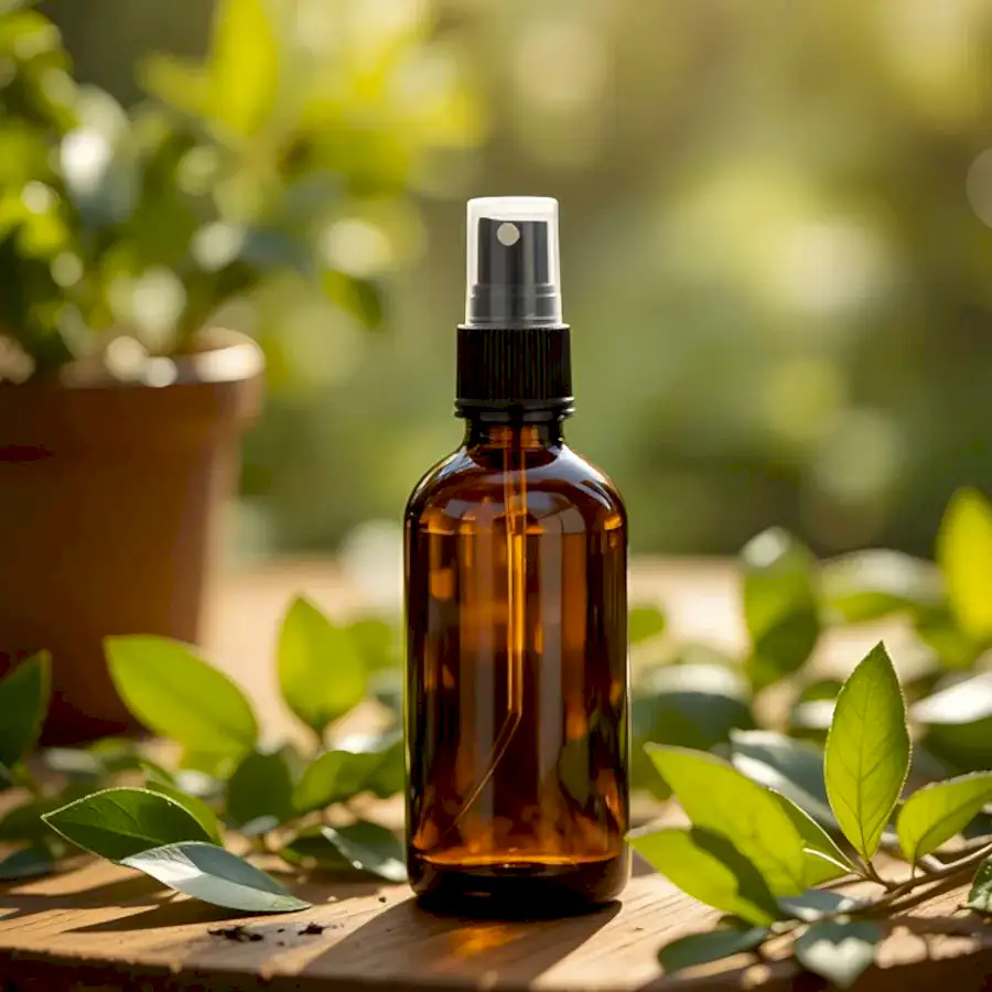 Amber glass spray bottle with organic essence on a rustic wood s