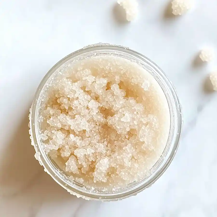 Glass jar of pink lip scrub with wooden spoon in soft lighting